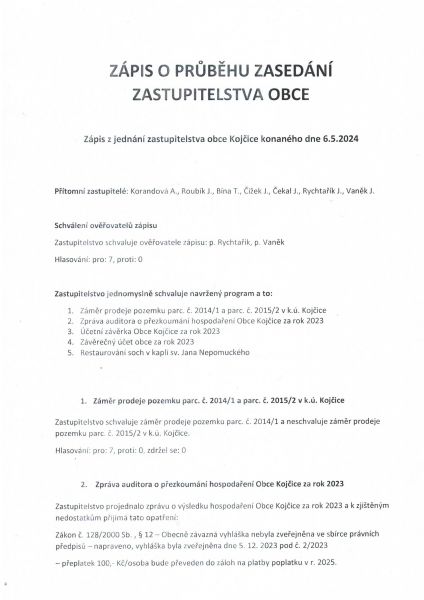 Zápis o průběhu zasedání zastupitelstva obce 6. 5. 2024