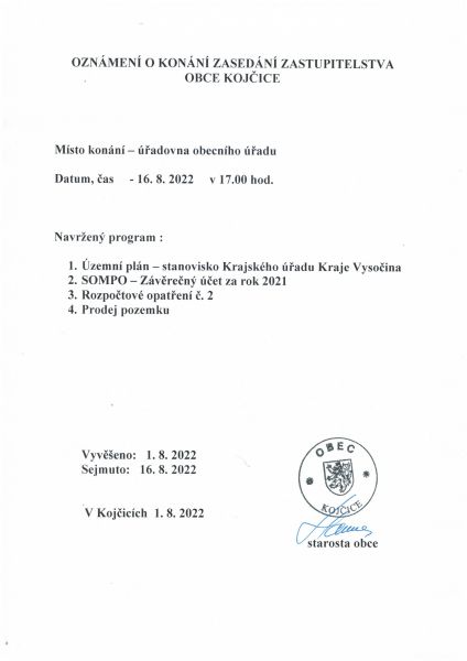 Oznámení o zasedání zastupitelstva obce Kojčice