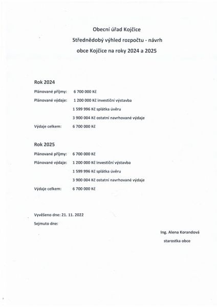STŘEDNĚDOBÝ VÝHLED ROZPOČTU - NÁVRH OBCE KOJČICE NA ROK 2024 A 2025