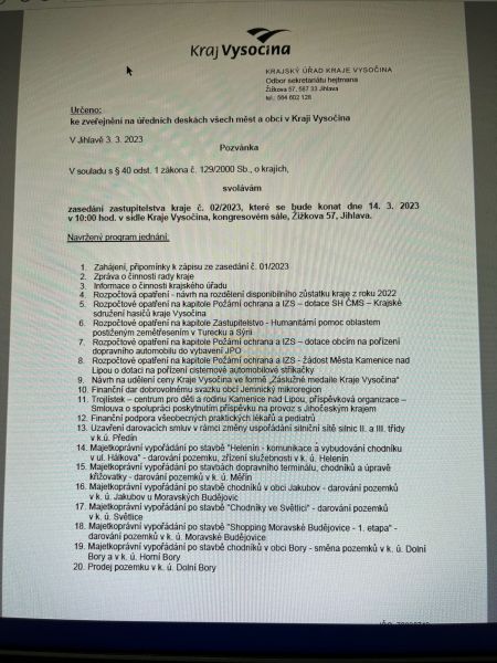 Pozvánka na zasedání zastupitelstva kraje Vysočina, č. 02/2023