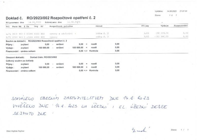 Rozpočtové opatření č.2/2023