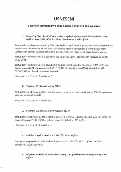 Usnesení z jednání zastupitelstva obce dne 5. 5. 2025