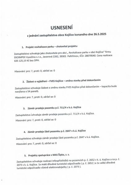 Usnesení z jednání zastupitelstva 26/5/2025