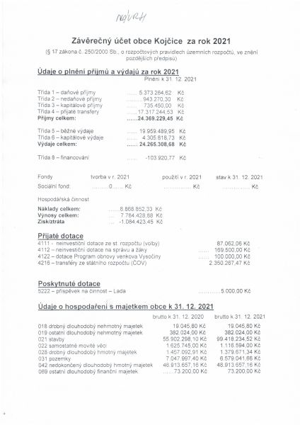 Návrh závěrečného účtu obce Kojčice a zpráva o výsledku přezkoumání hospodaření obce Kojčice