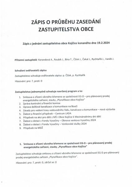 Zápis o průběhu zasedání zastupitelstva obce 19. 2. 2024