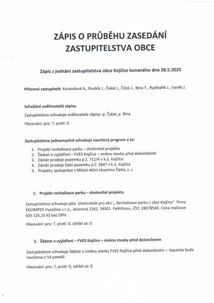 Zápis o průběhu zasedání zastupitelstva obce 26/5/2025