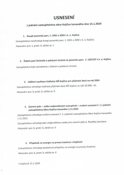 Usnesení z jednání zastupitelstva obce 15. 1. 2024