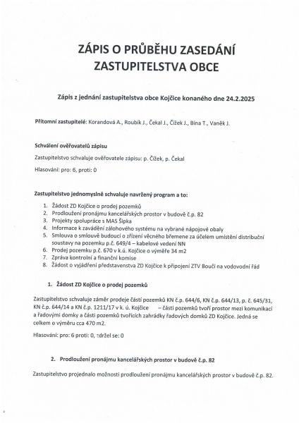 Zápis o průběhu zasedání zastupitelstva obce 24. 2. 2025
