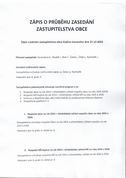 Zápis o průběhu zasedání zastupitelstva 27.12.2023