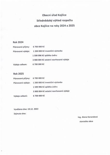 Střednědobý výhled rozpočtu obce Kojčice na roky 2024 a 2025