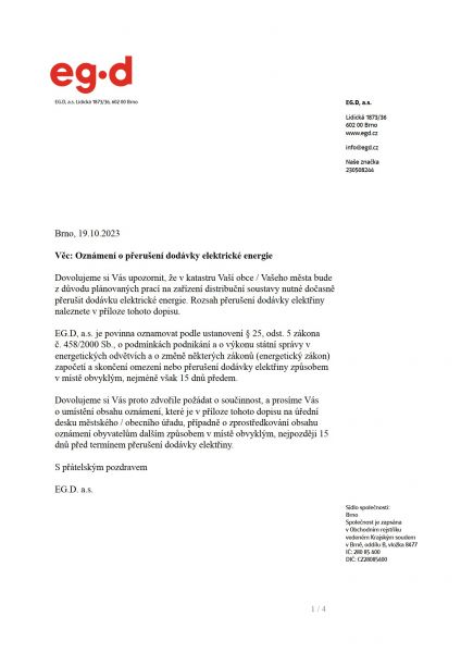 Oznámení o přerušení dodávky elektrické energie