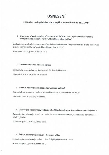 Usnesení ze zasedání zastupitelstva obce 19. 2. 2024