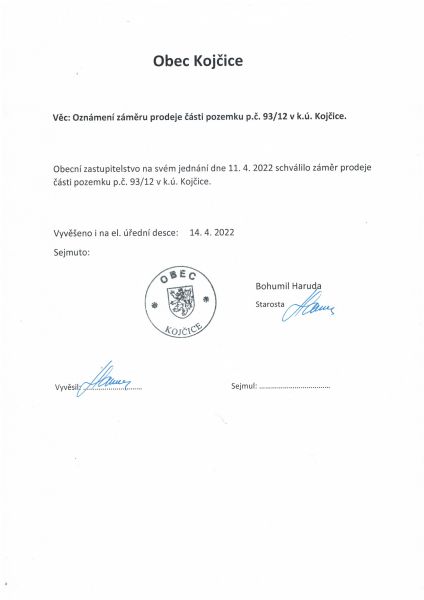 Oznámení záměru prodeje