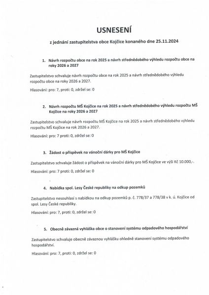 Usnesení z jednání zastupitelstva obce konaného dne 25. 11. 2024