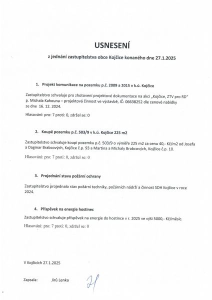 Usnesení z jednání zastupitelstva obce 27. 1. 2025