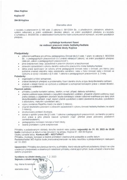Vyhlášení konkursního řízení na místo ředitelky/ředitele Mateřské školy Kojčice