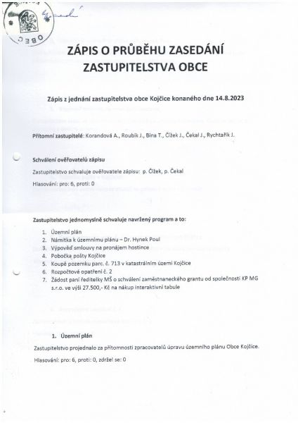 Zápis z jednání zastupitelstva obce 14. 8. 2023