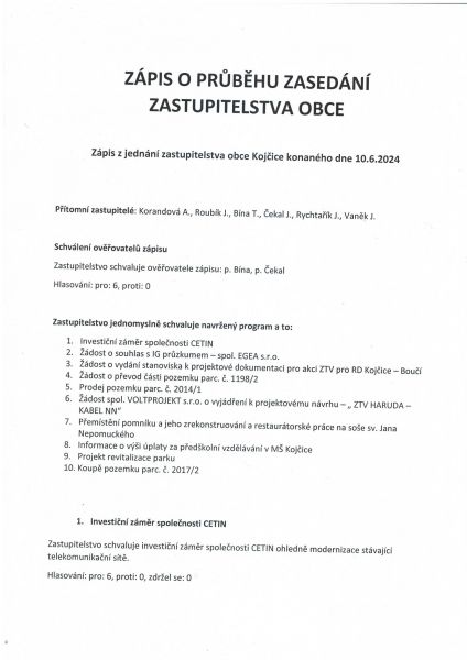 Zápis o průběhu zasedání zastupitelstva obce 06/24