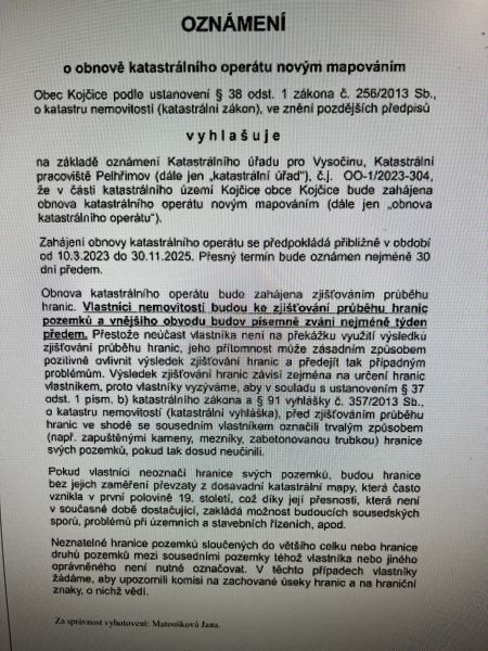 Oznámení o digitalizaci map obce Kojčice