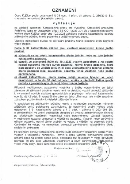 Oznámení o zahájení obnovy katastrálního operátu novým mapováním