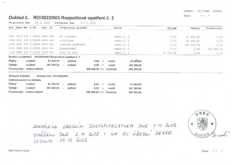 Rozpočtové opatření č. 3