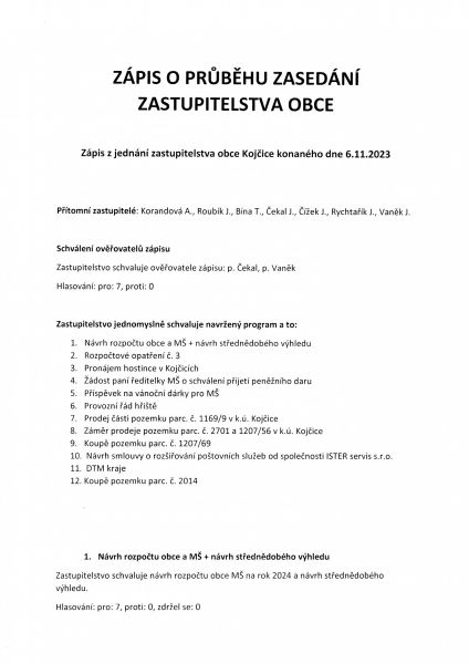 Zápis o průběhu zasedání zastupitelstva 6. 11. 2023