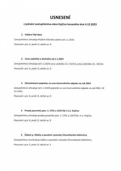 Usnesení ze zasedání zastupitelstva obce 4. 12. 2023
