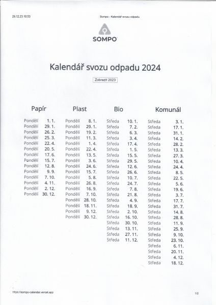 Termíny svozu odpadů pro rok 2024