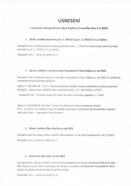 Usnesení z jednání zastupitelstva obce 6. 5. 2024